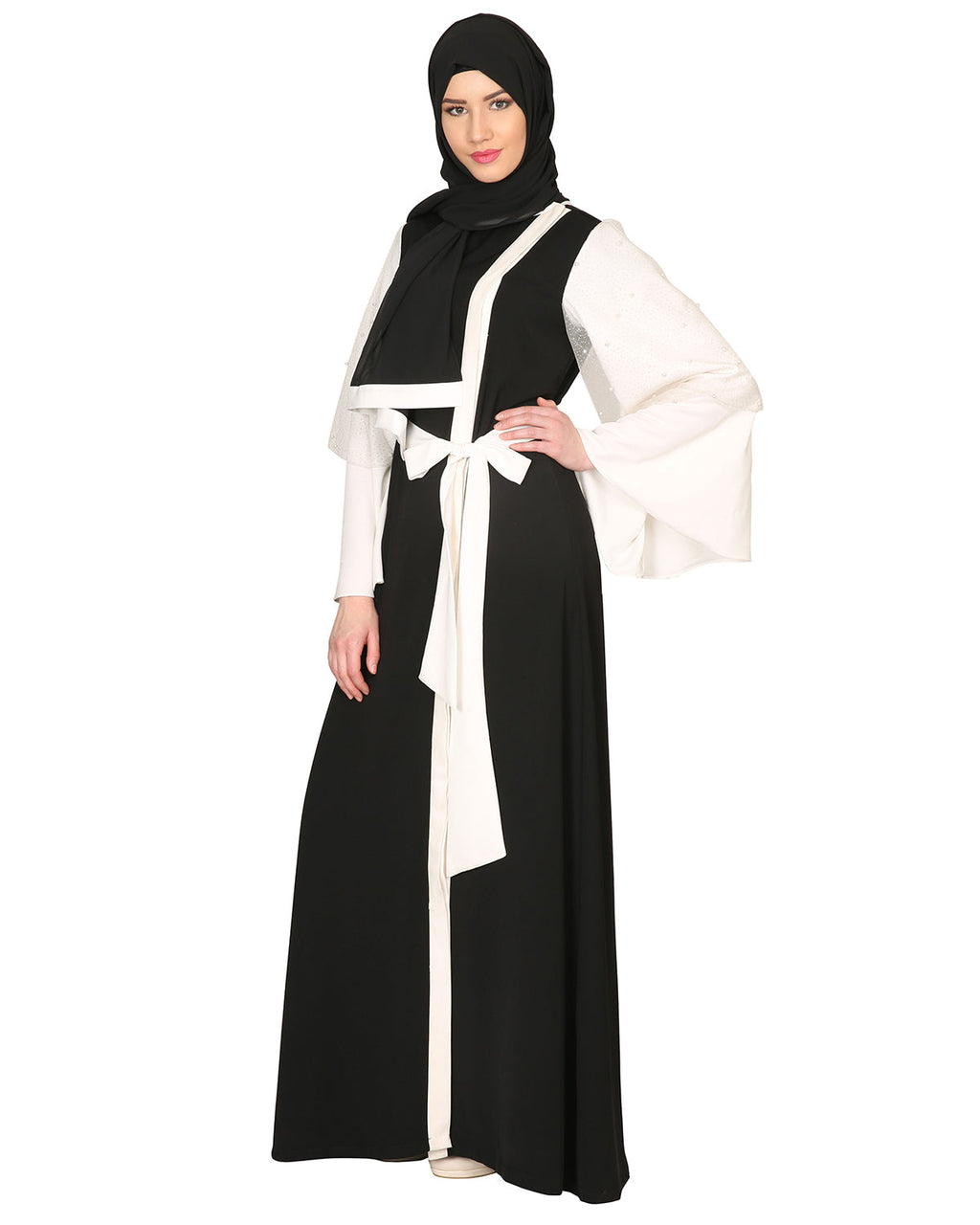 Double Layered Pearl Embellished Sleeves Abaya Black