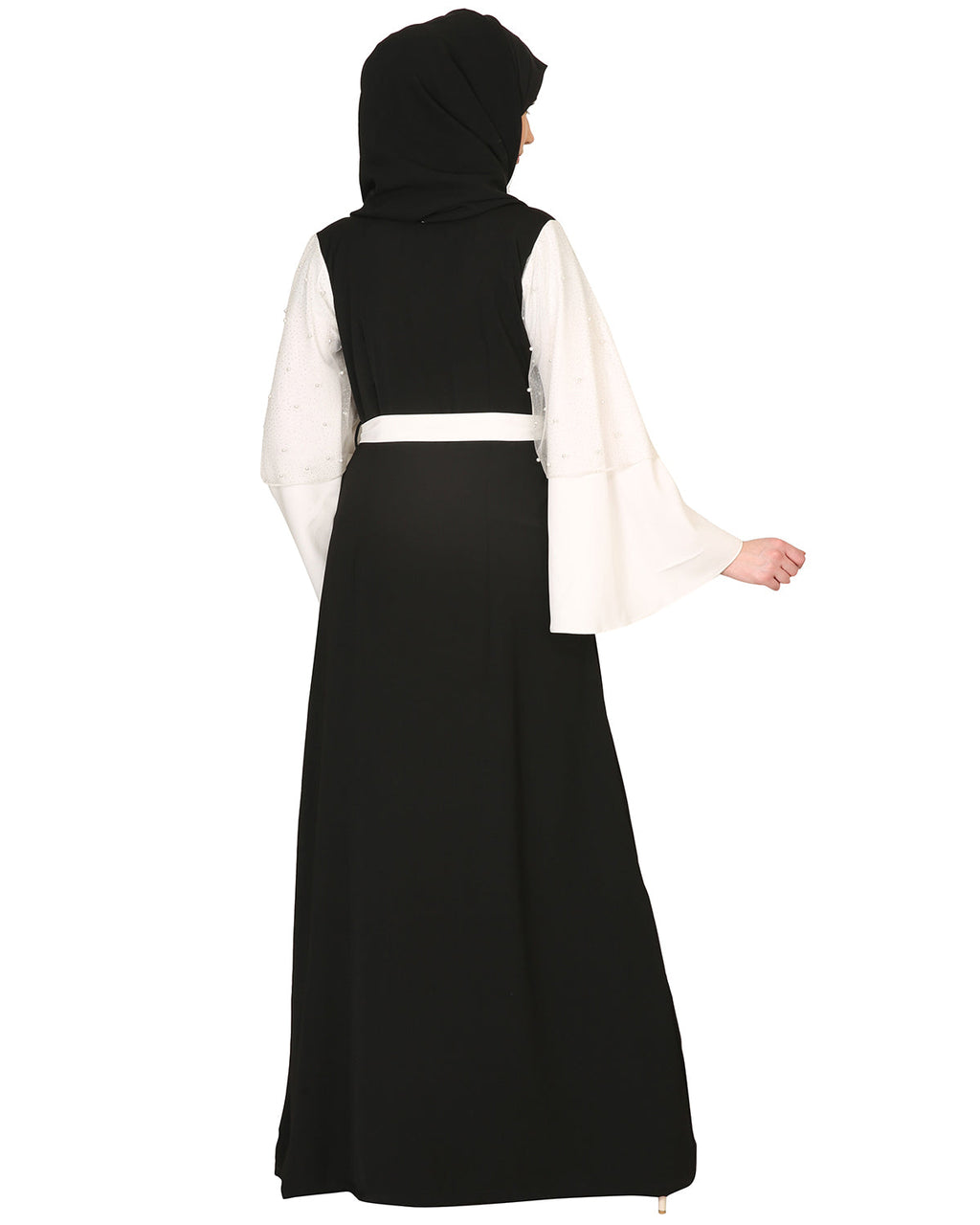 Double Layered Pearl Embellished Sleeves Abaya Black