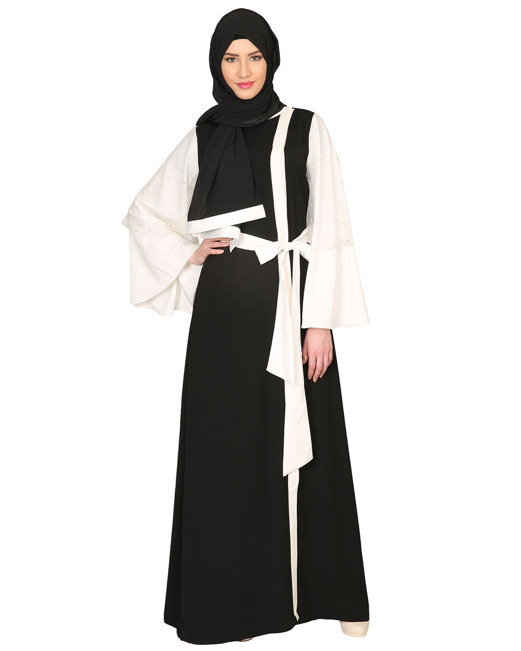 Double Layered Pearl Embellished Sleeves Abaya Black
