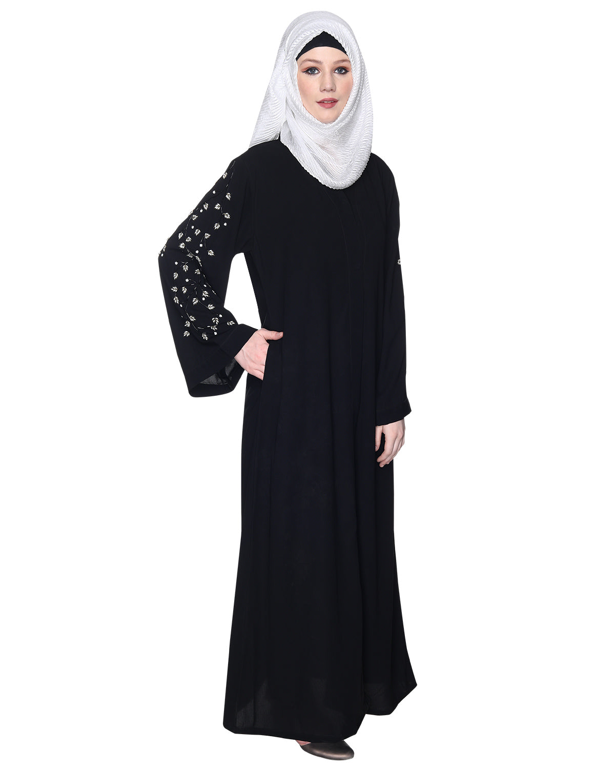 Enchanting Abaya With Sparkling Hand-Embroidered Sleeves Black