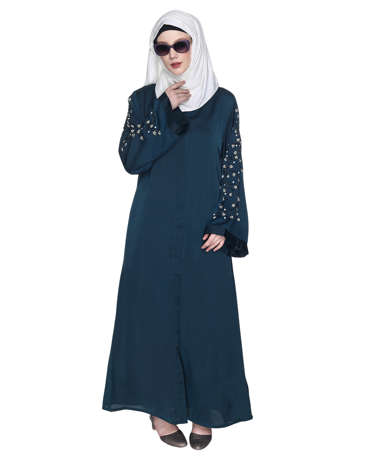 Enchanting Abaya With Sparkling Hand-Embroidered Sleeves Bottle Green