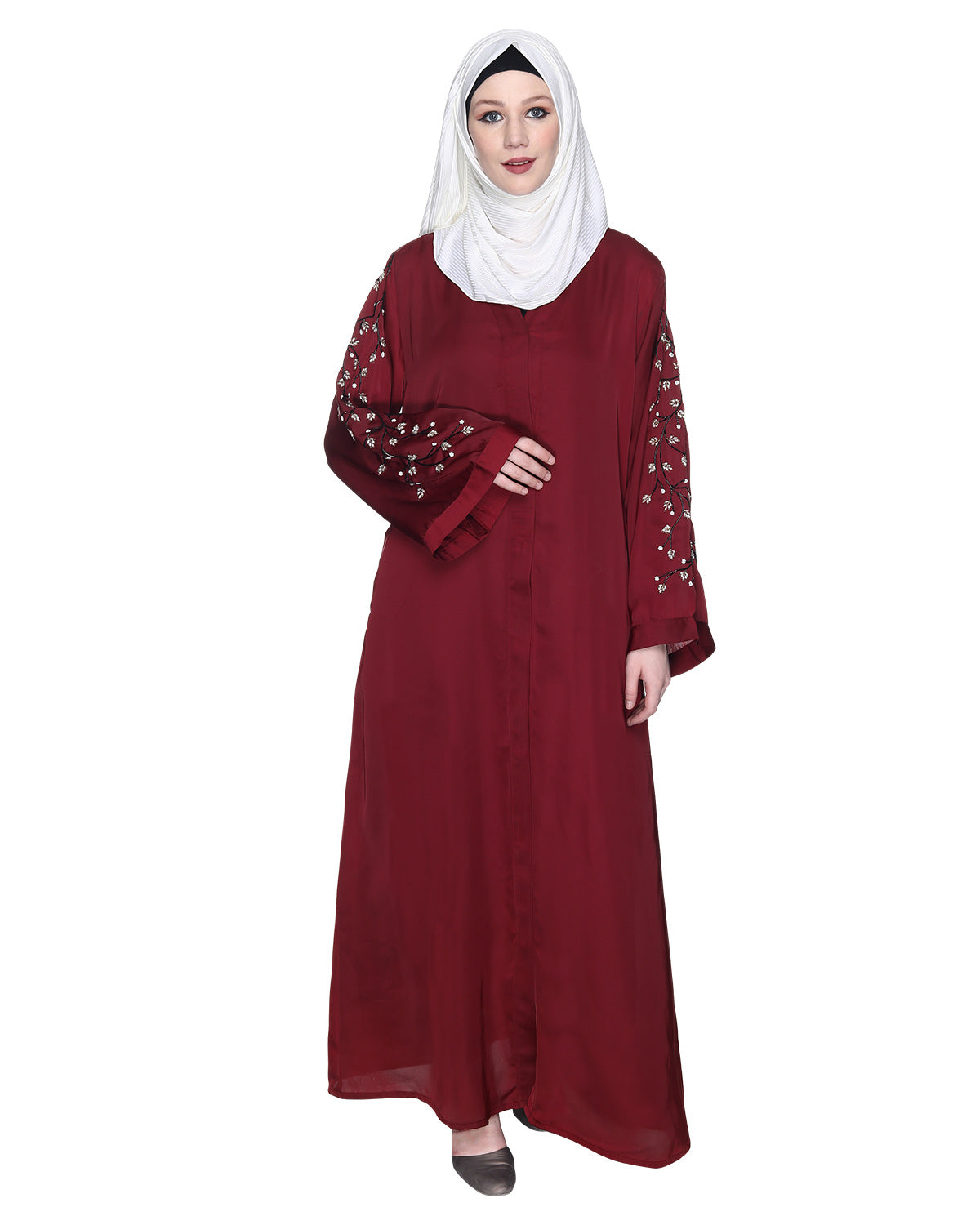 Enchanting Abaya With Sparkling Hand-Embroidered Sleeves Maroon