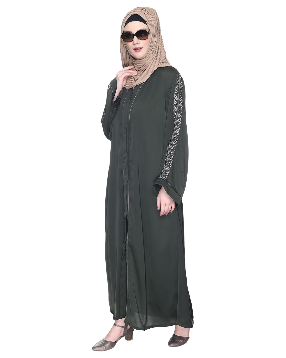 Formal Abaya With Gleaming Embroidered Sleeves Olive Green