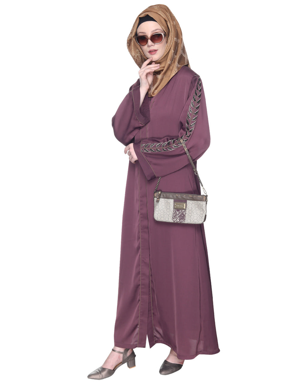 Formal Abaya With Gleaming Embroidered Sleeves Purple