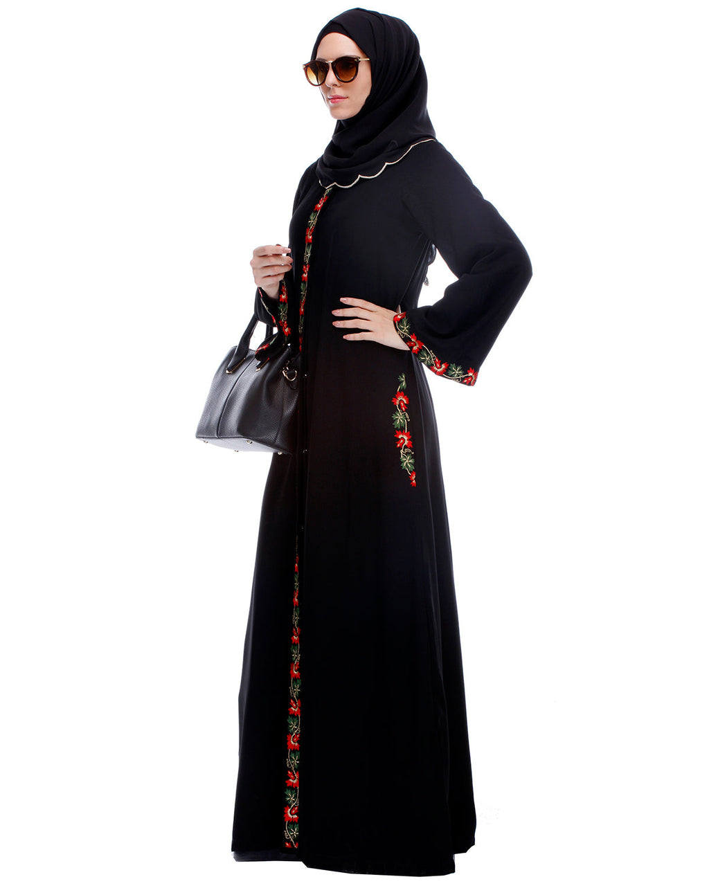 Black Abaya With Multi Coloured Thread Vertical Embroidery Black