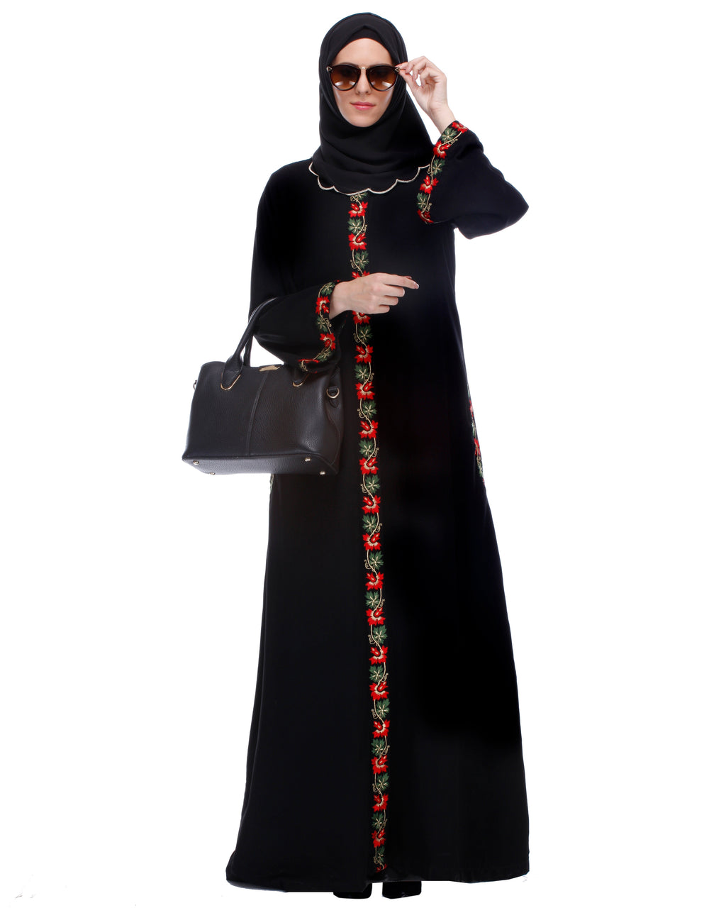 Black Abaya With Multi Coloured Thread Vertical Embroidery Black