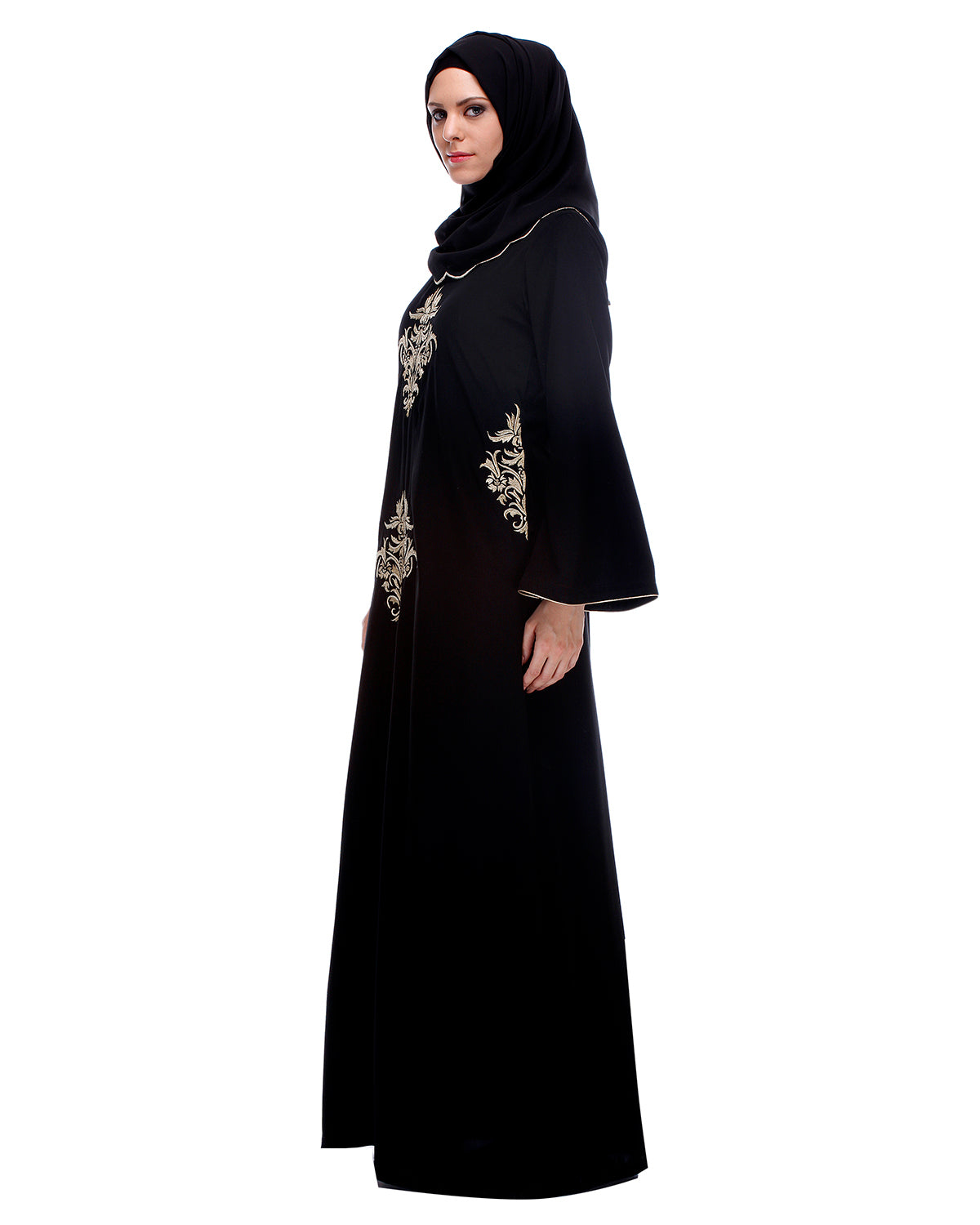 Black Abaya With Gold Zari Embroidery Black