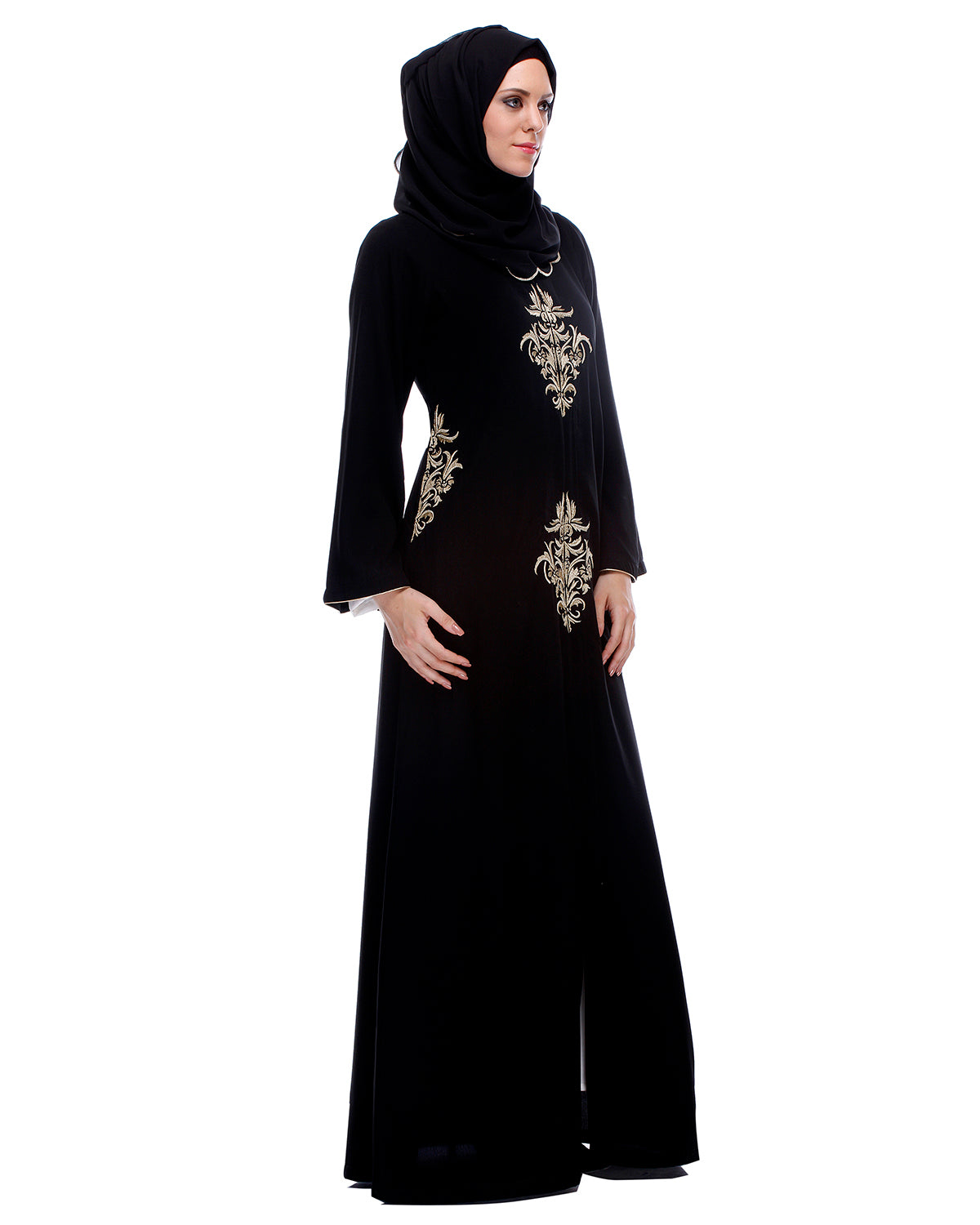 Black Abaya With Gold Zari Embroidery Black