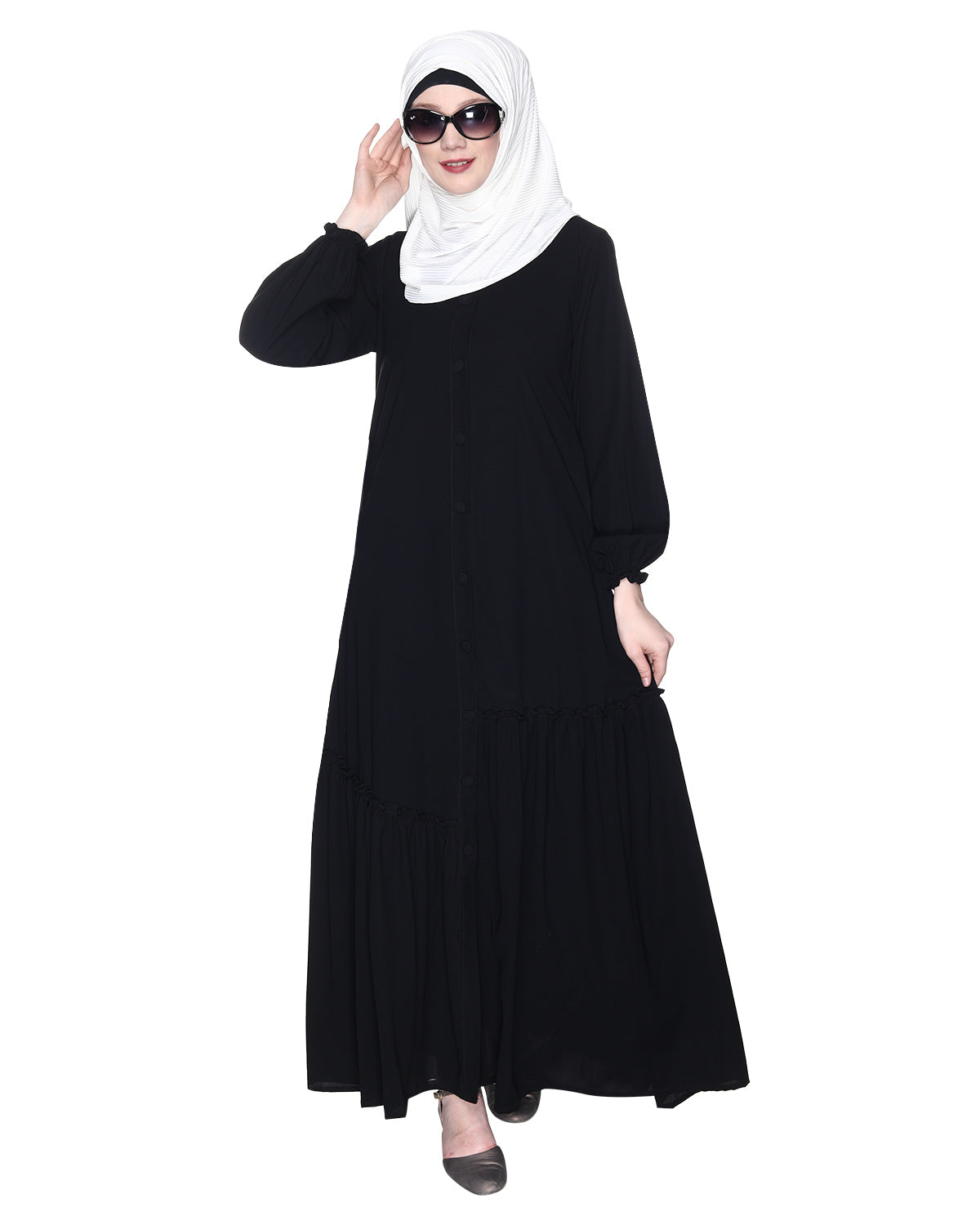 Chic Spiral Abaya With Frills Black