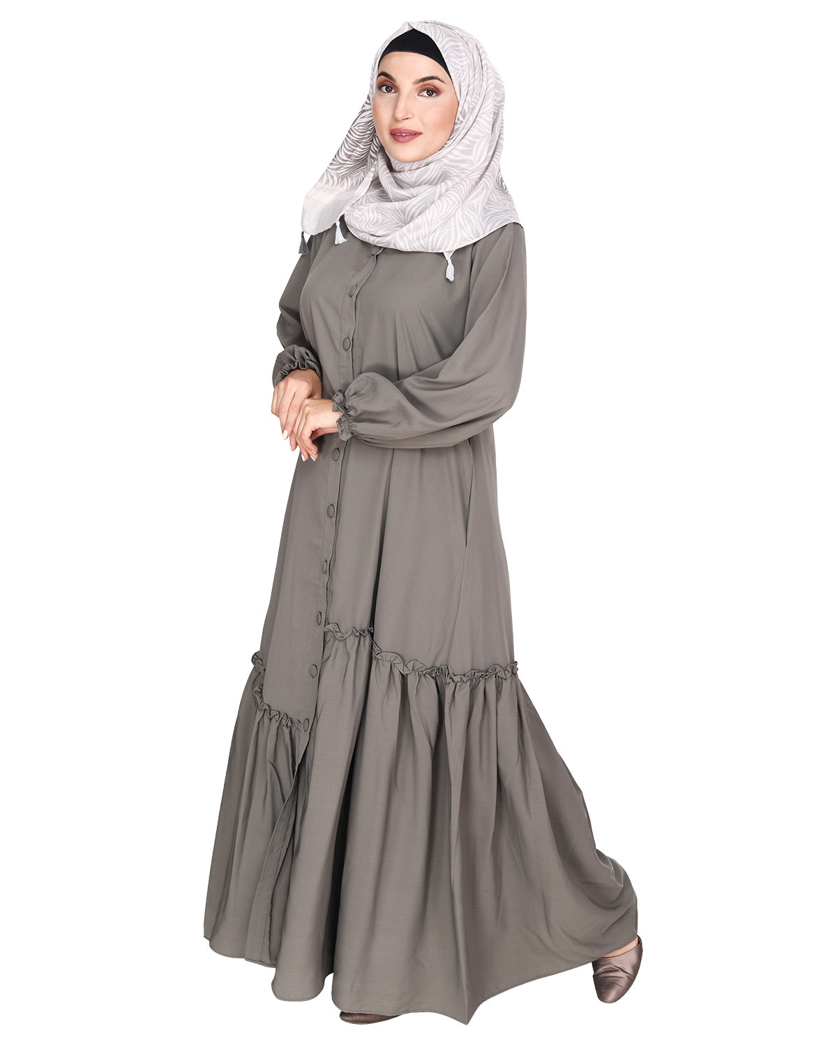 Chic Spiral Abaya With Frills Grey