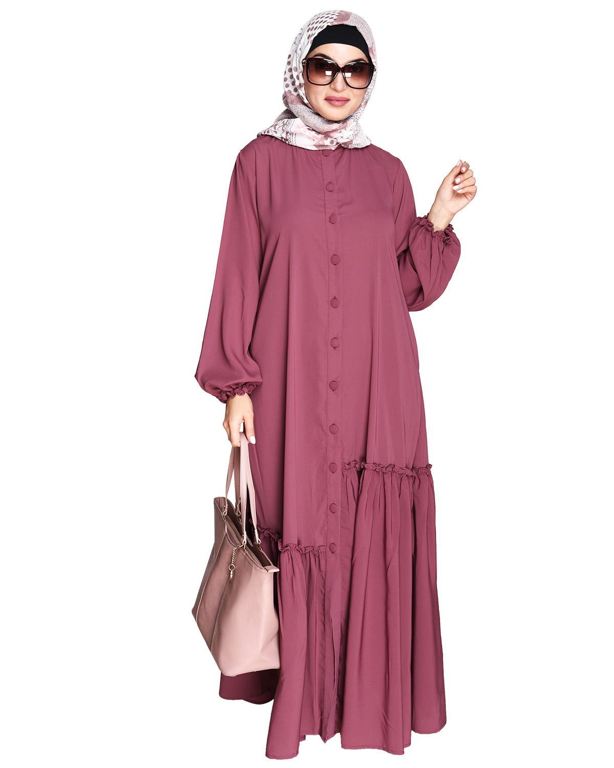 Chic Spiral Abaya With Frills Onion Pink