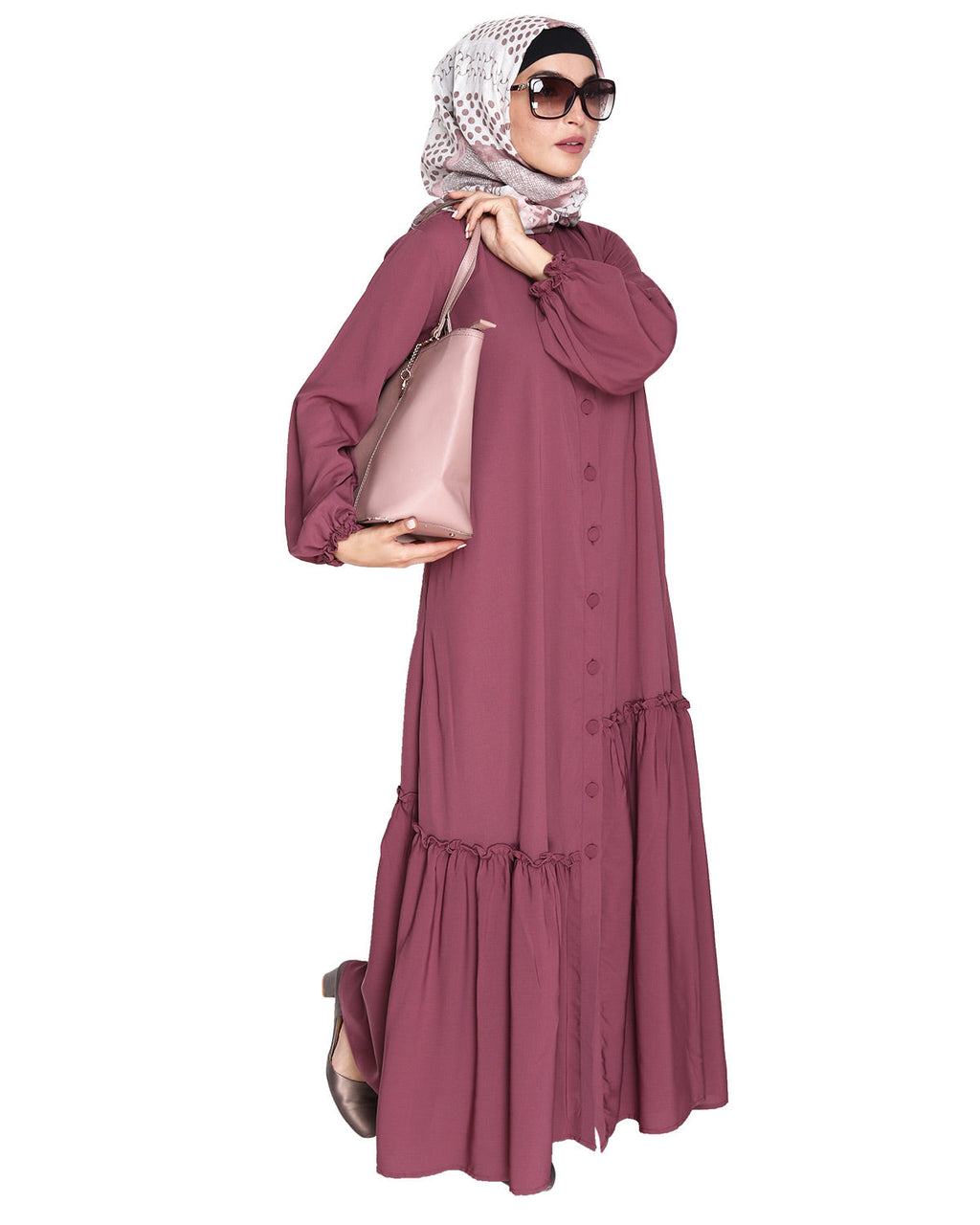 Chic Spiral Abaya With Frills Onion Pink