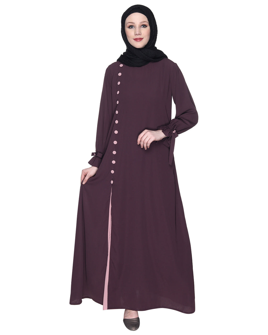 Sleek Looking Slit Style Abaya Purple Light Pink