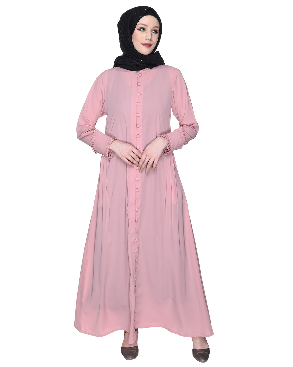 Refined Button Down Abaya With Frill Cuffs Pink