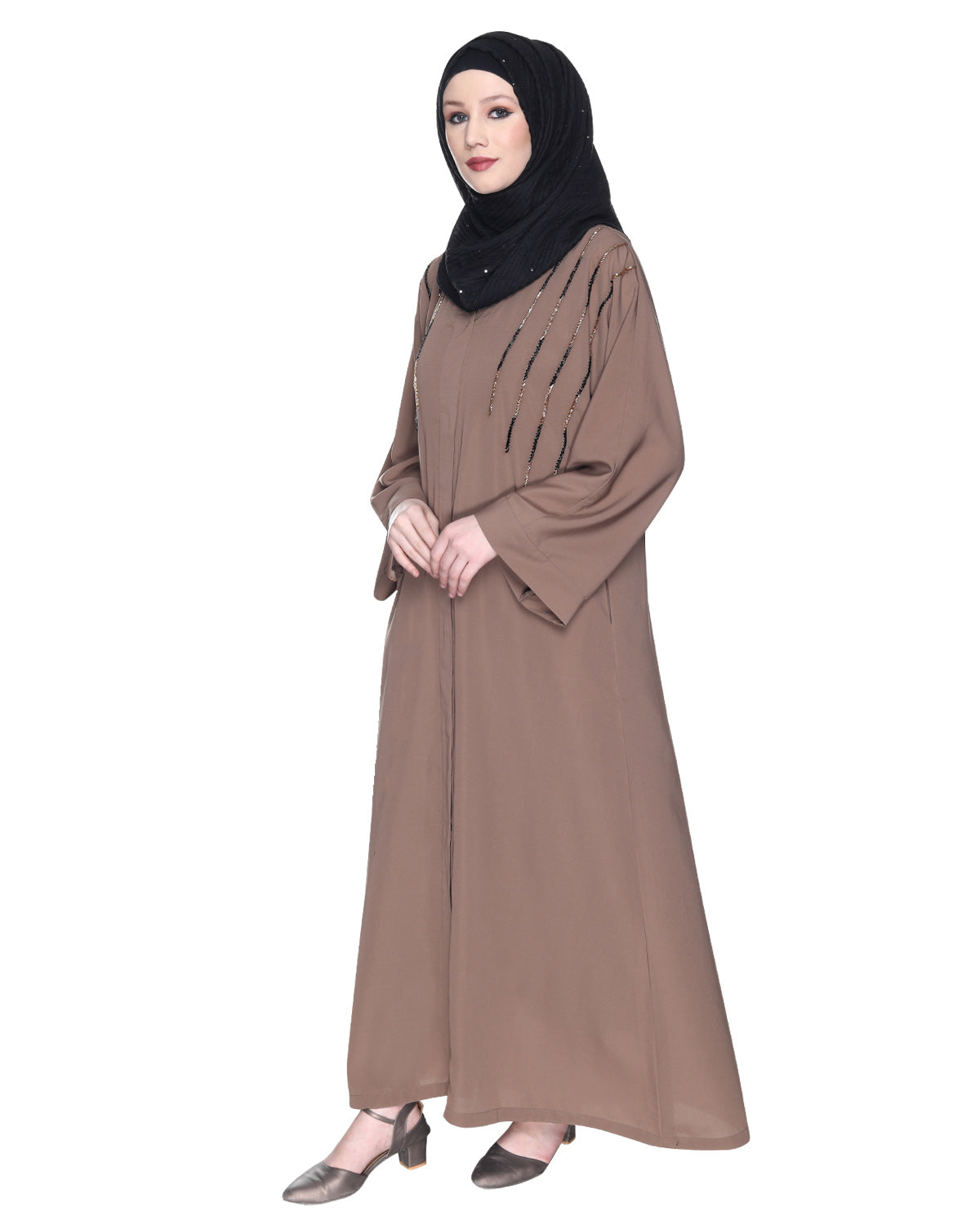 Spell-Binding Four Line Hand Embroidered Abaya Brown XS