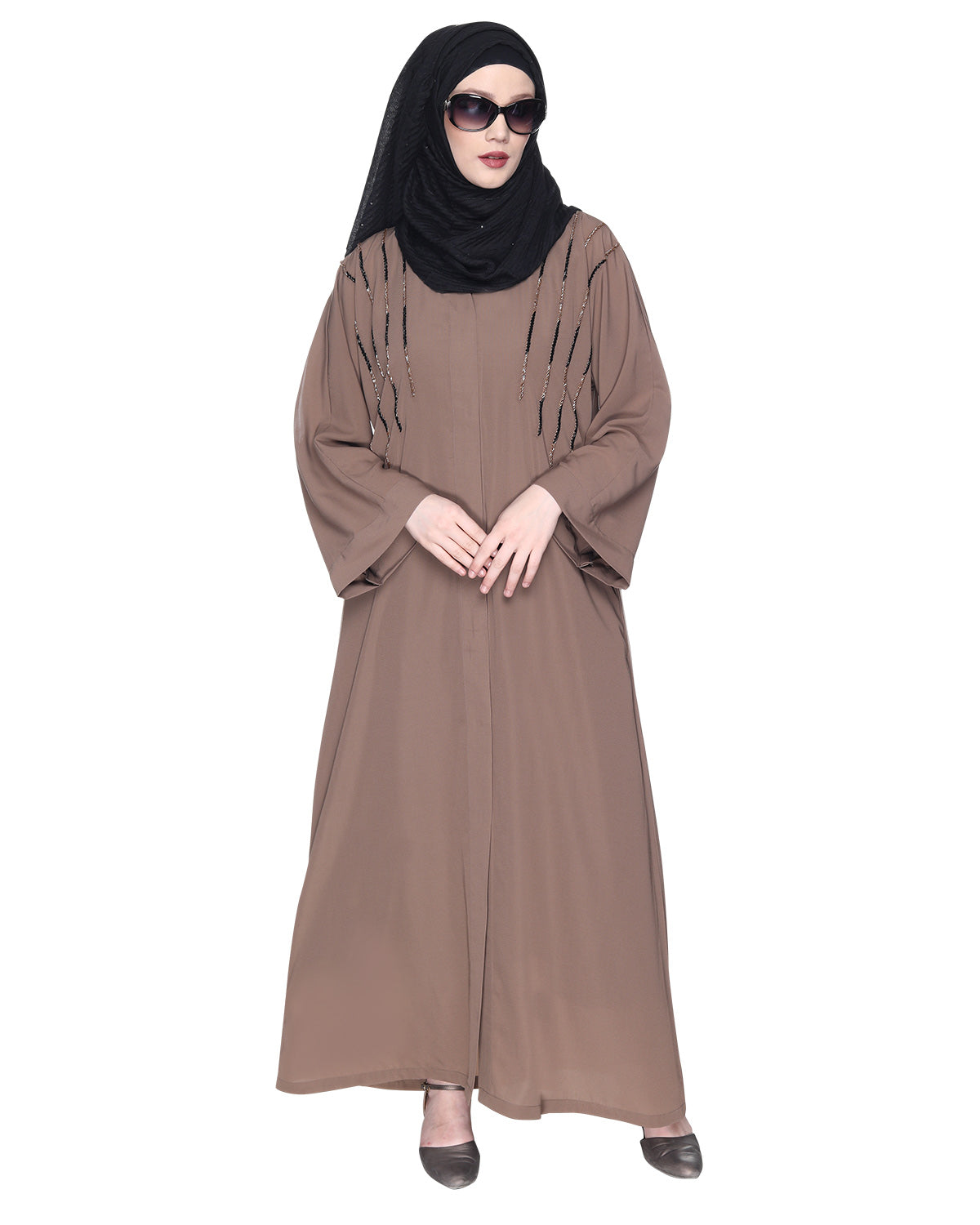 Spell-Binding Four Line Hand Embroidered Abaya Brown