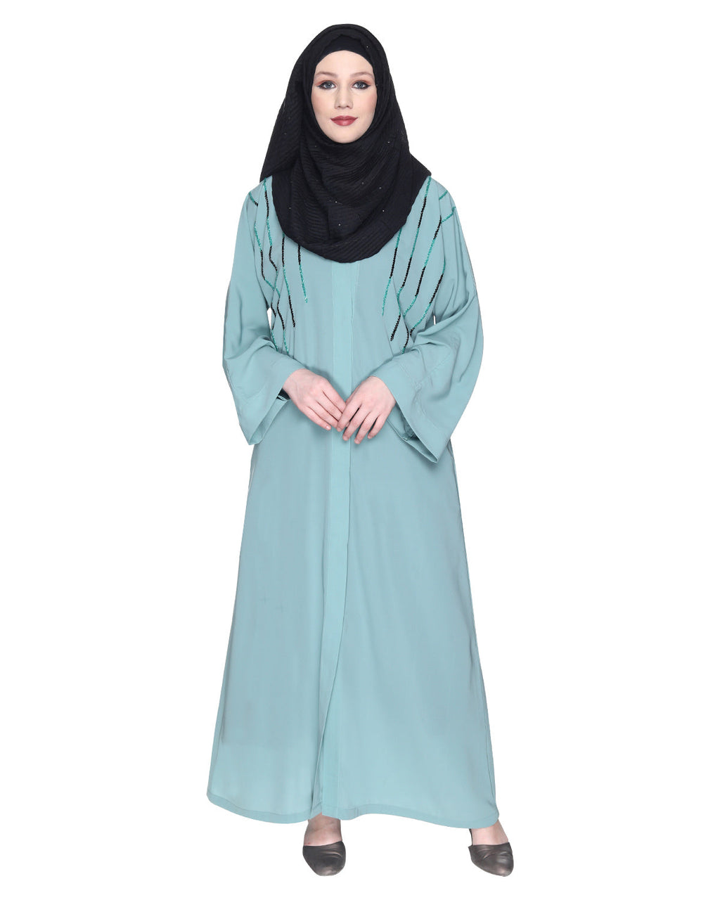 Spell-Binding Four Line Hand Embroidered Abaya Sage Green XS