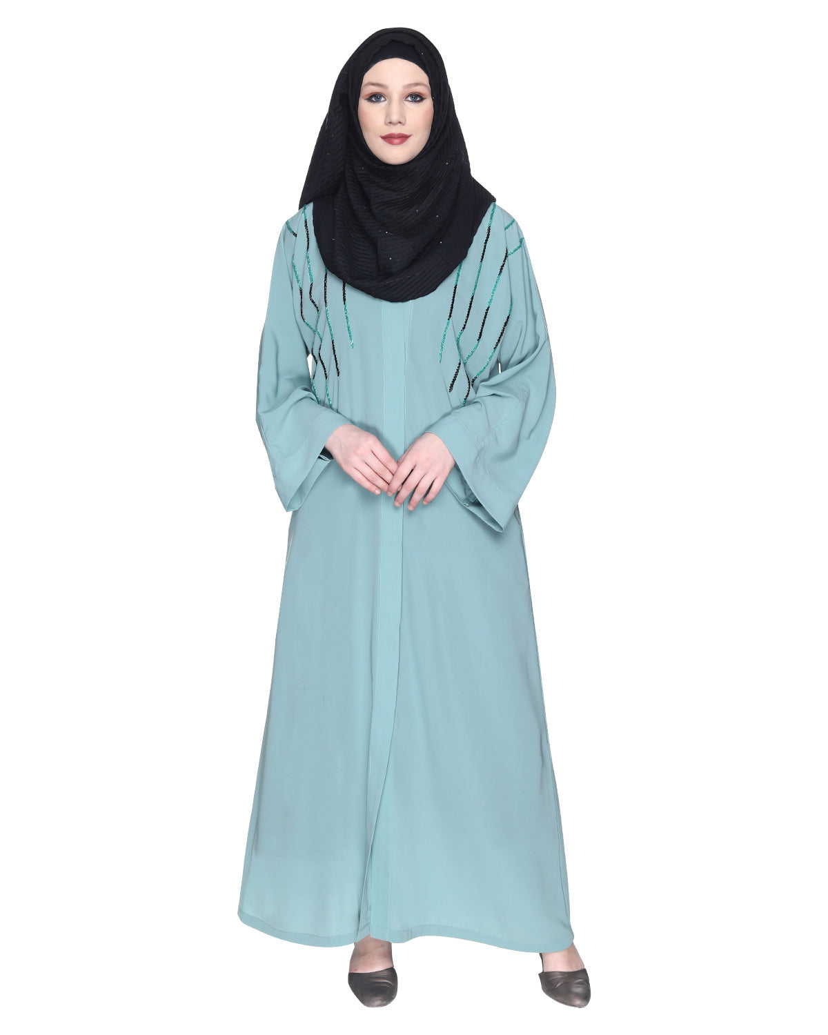 Spell-Binding Four Line Hand Embroidered Abaya Sage Green XS