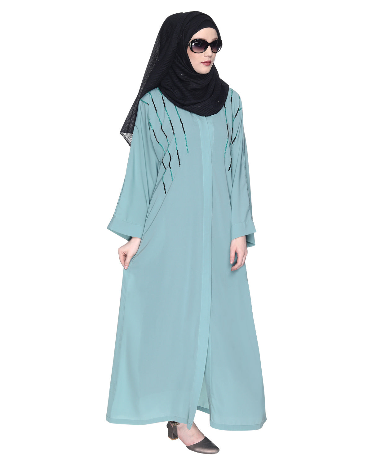Spell-Binding Four Line Hand Embroidered Abaya Sage Green