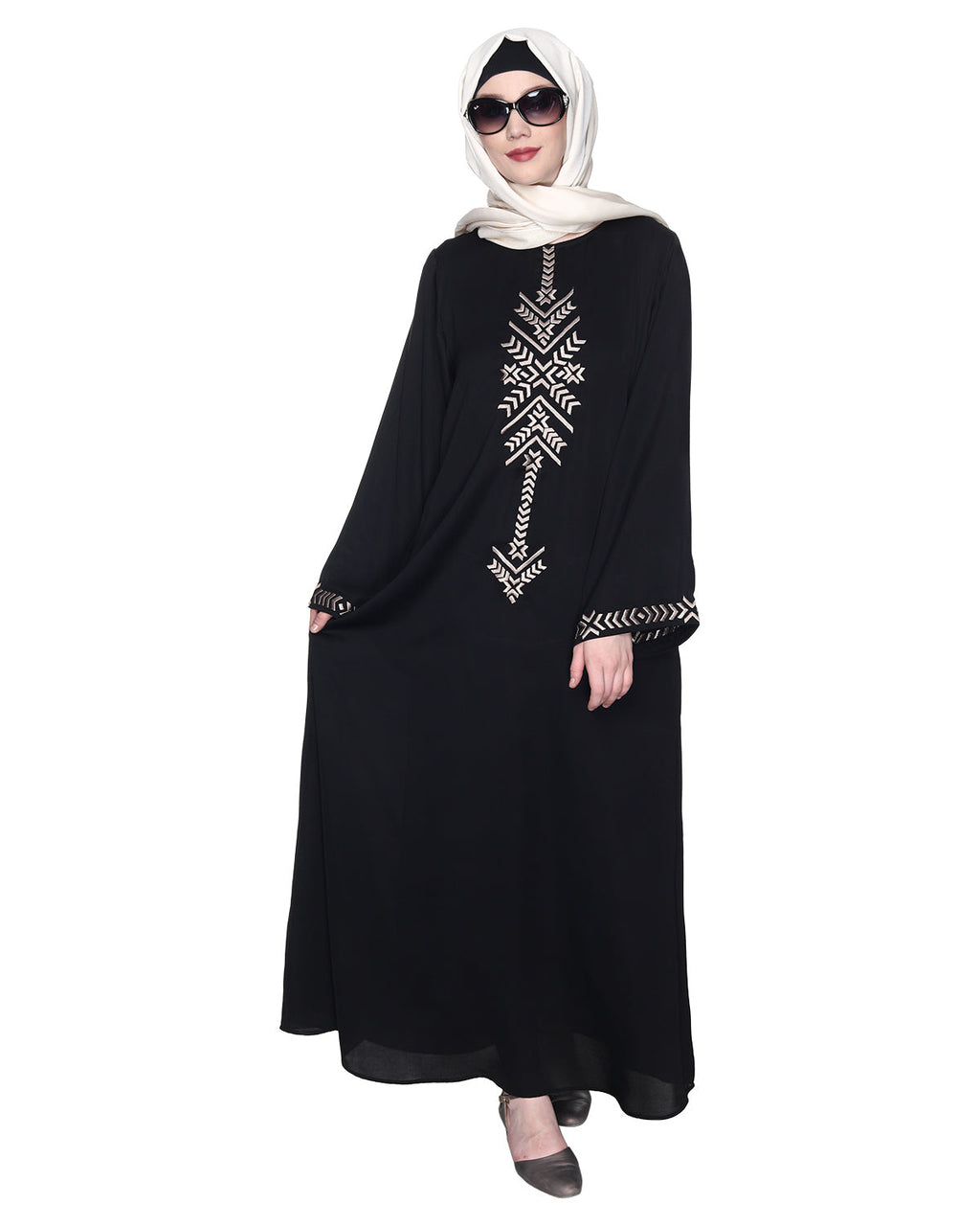 Front Closed Abaya With Angular Embroidery Design Black