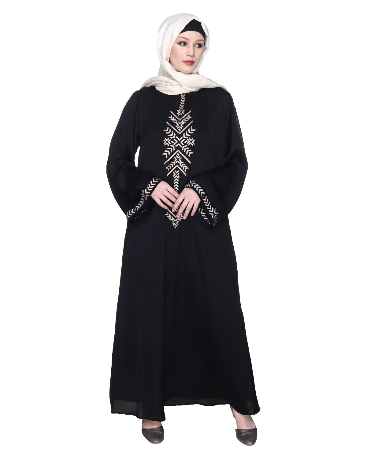Front Closed Abaya With Angular Embroidery Design Black