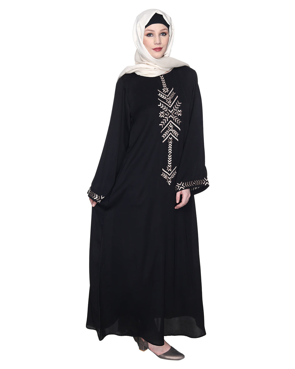 Front Closed Abaya With Angular Embroidery Design Black