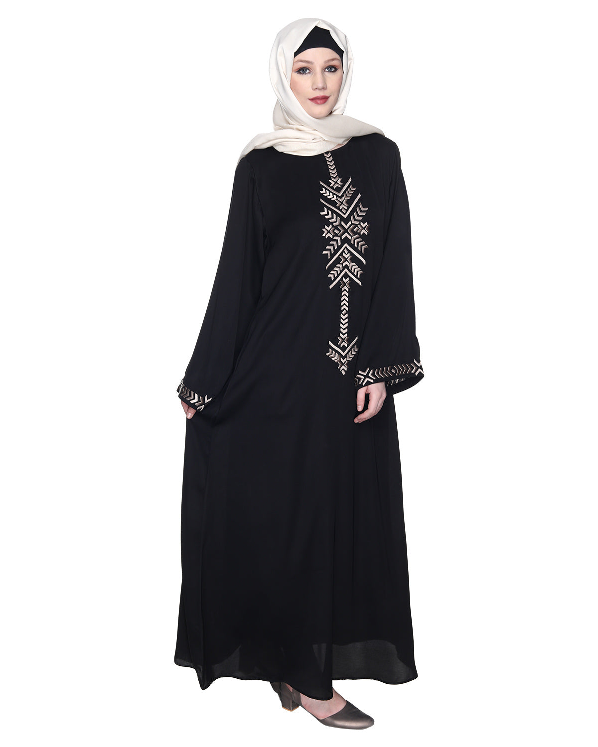 Front Closed Abaya With Angular Embroidery Design Black