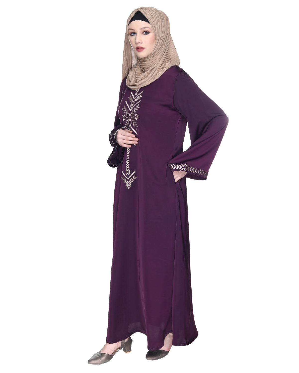 Front Closed Abaya With Angular Embroidery Design Purple