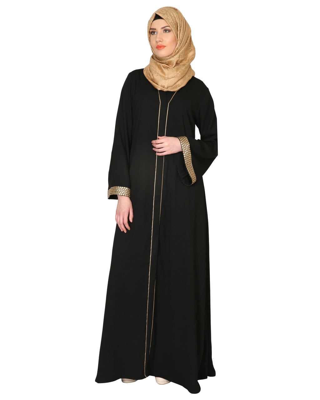 Black Abaya With Gold Sequins Trimming Black