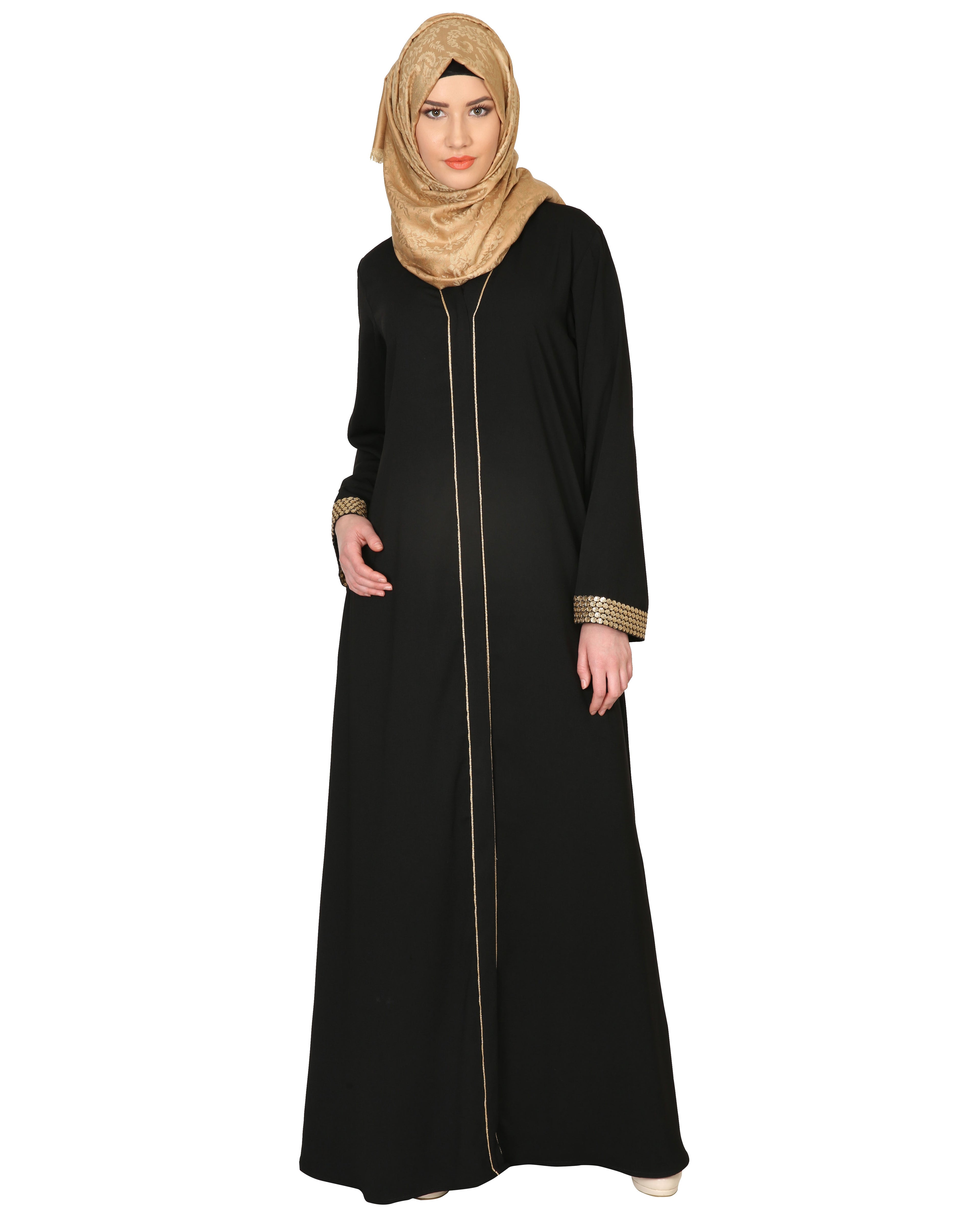 Black Abaya With Gold Sequins Trimming Black