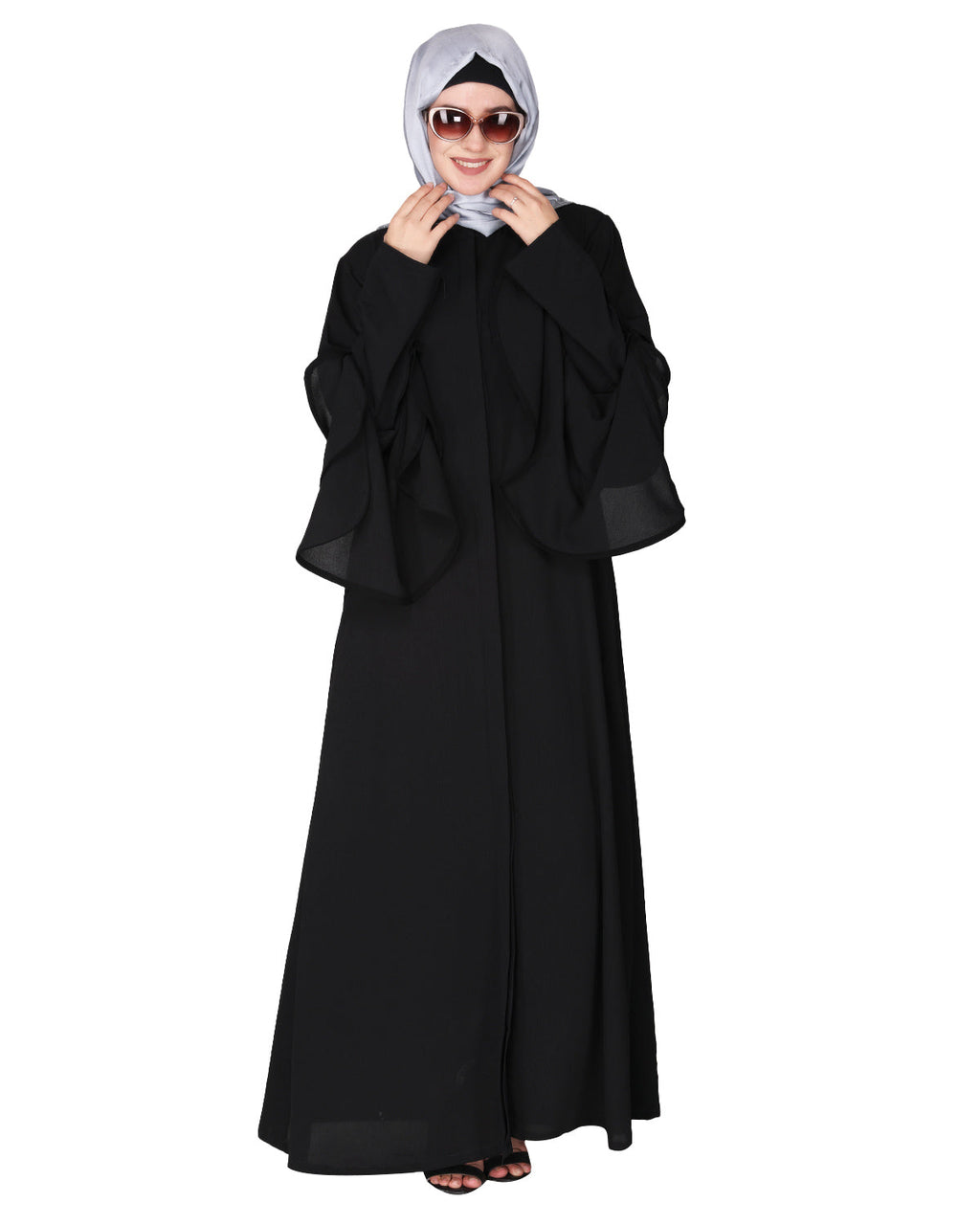 Stylish frill sleeves front open Abaya Black