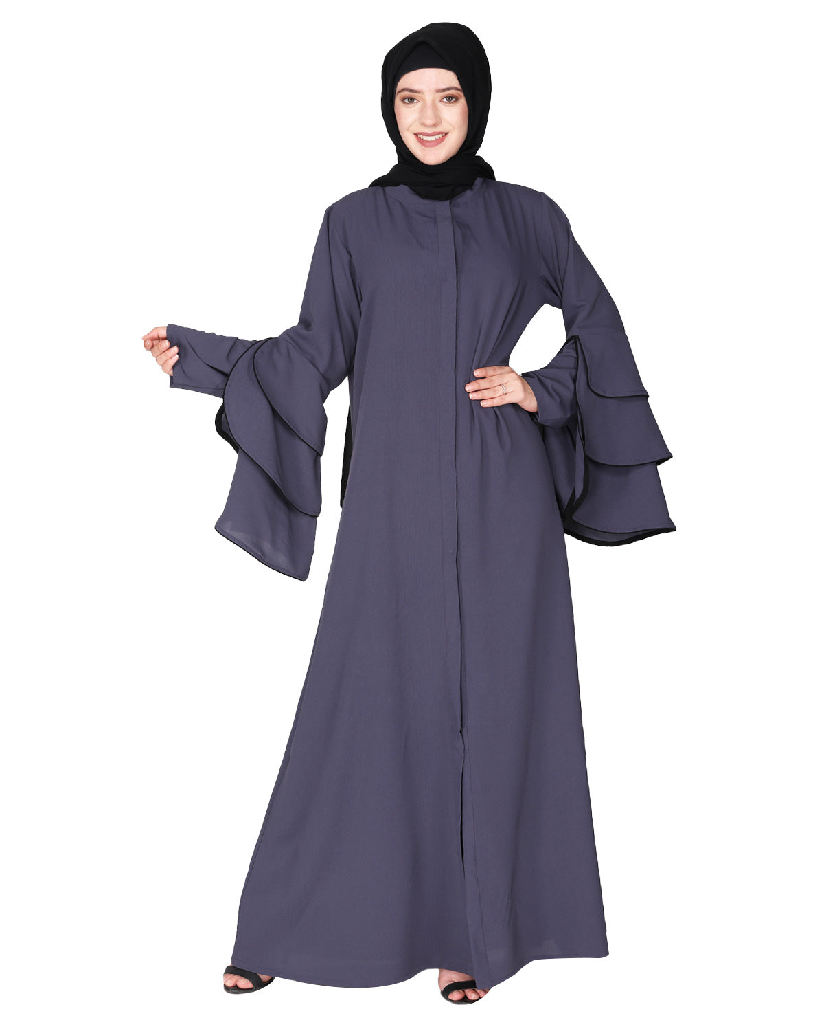 Stylish frill sleeves front open Abaya Black