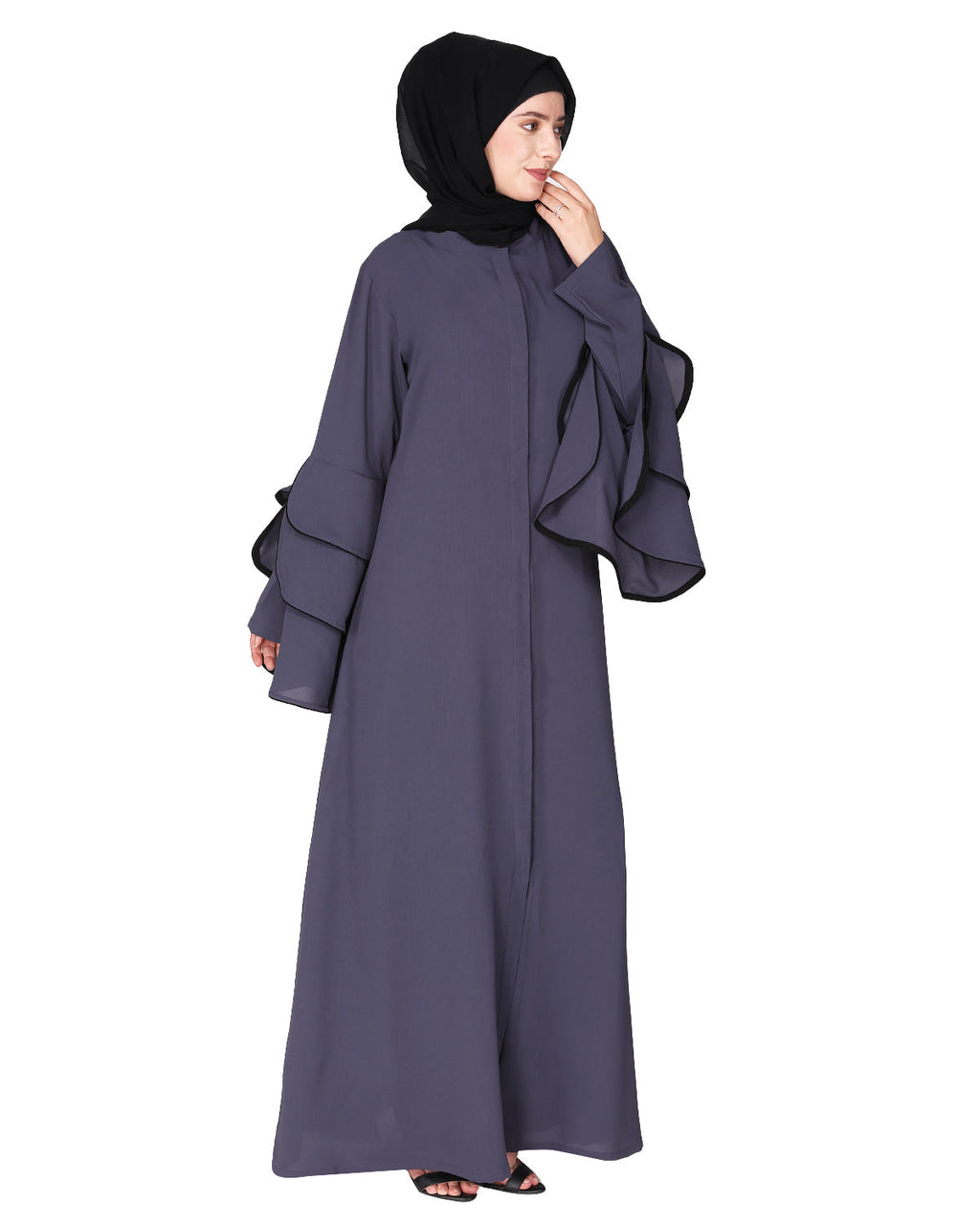 Stylish frill sleeves front open Abaya Black
