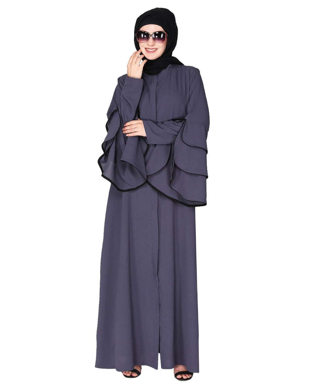 Stylish frill sleeves front open Abaya Black