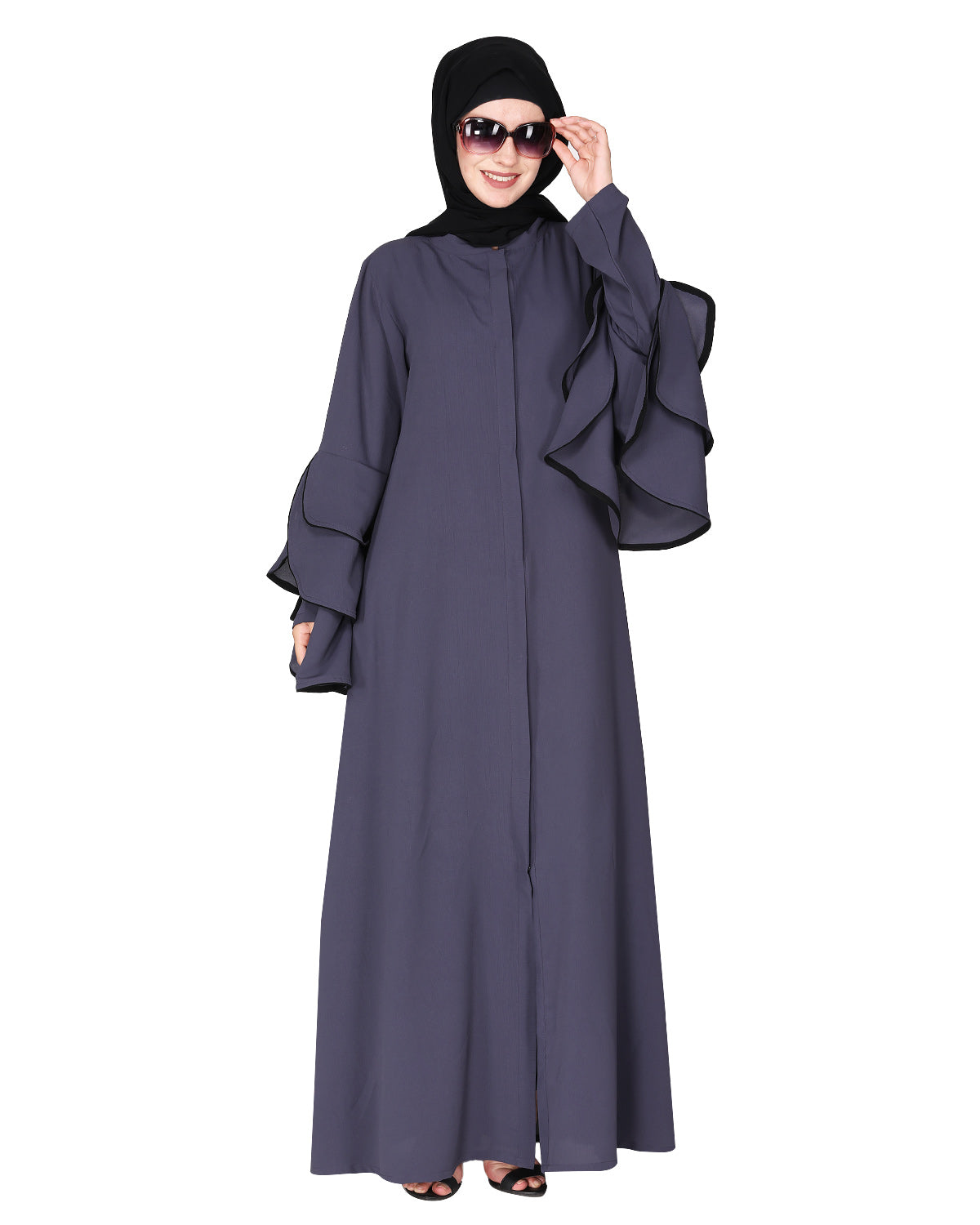 Stylish frill sleeves front open Abaya Dark Grey