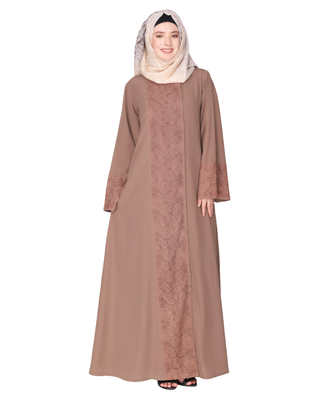 Eloquent formal widelaced front open Abaya Brown