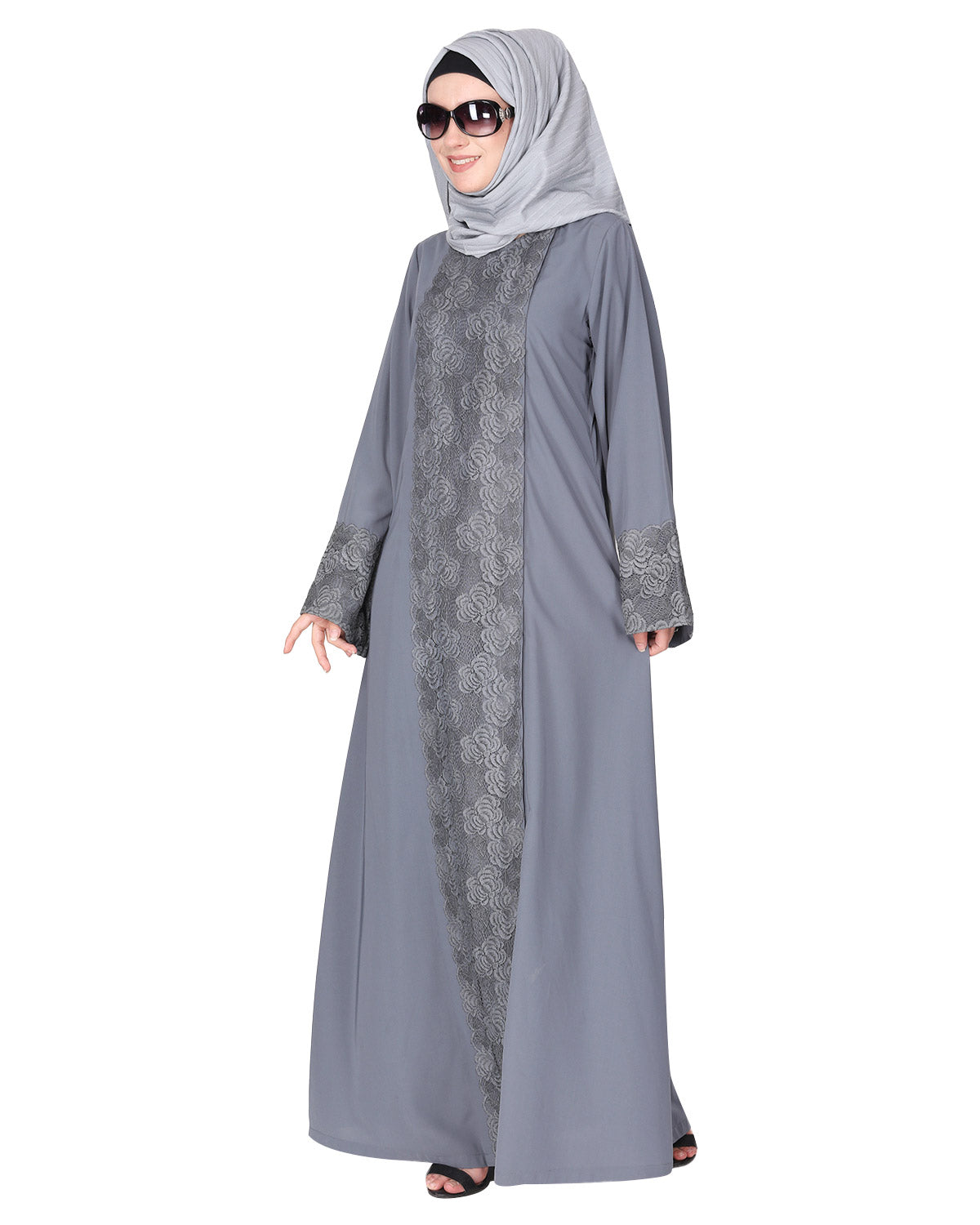 Eloquent formal widelaced front open Abaya Grey