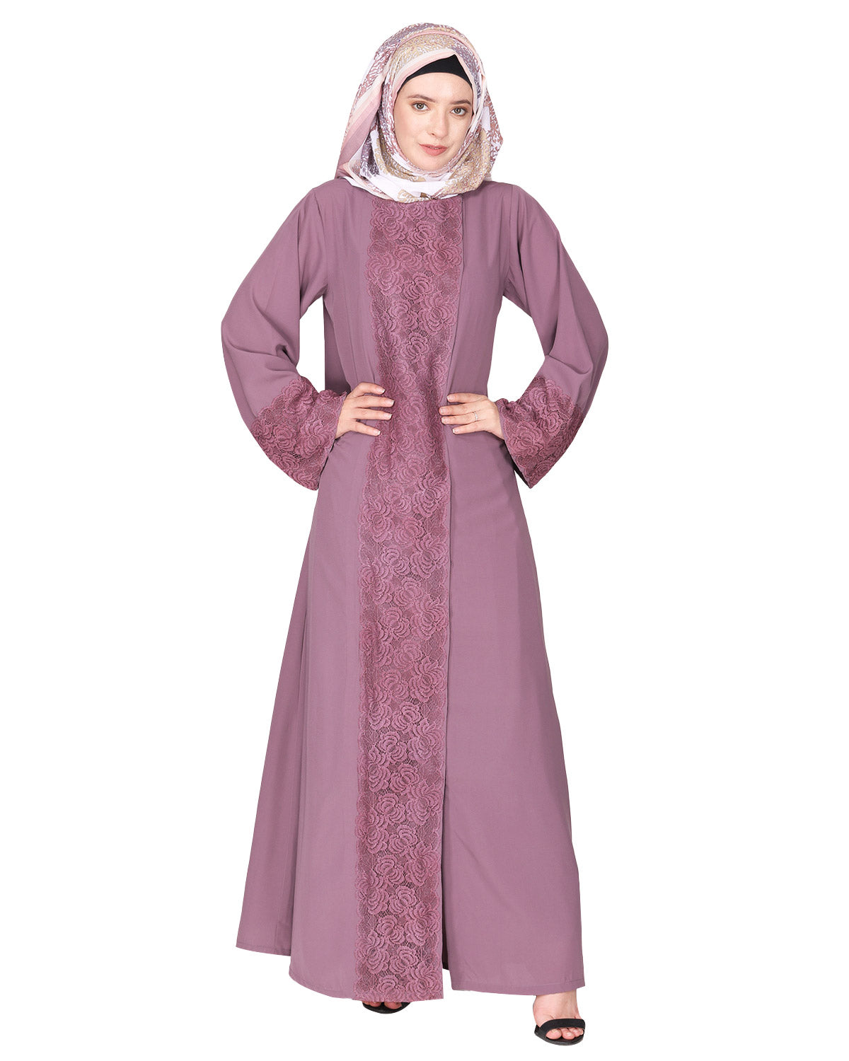 Eloquent formal widelaced front open Abaya Light Purple