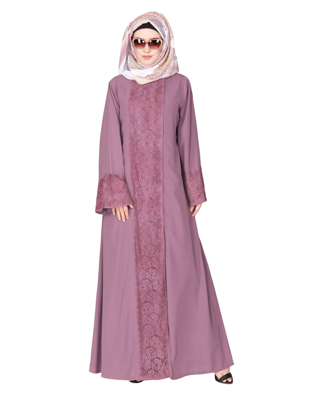 Eloquent formal widelaced front open Abaya Light Purple