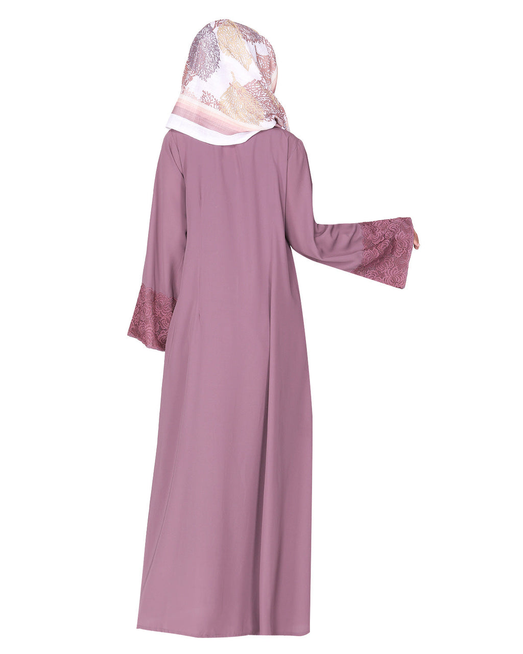 Eloquent formal widelaced front open Abaya Light Purple