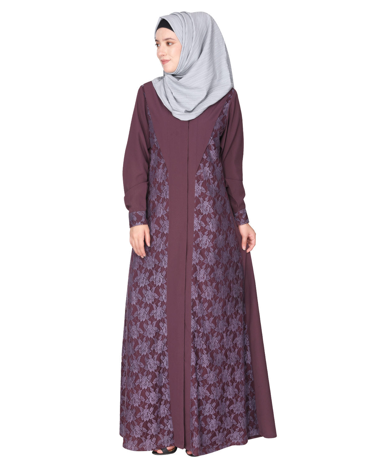 Fascinating Lacedup evening wear Abaya Purple