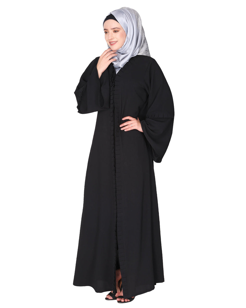 Modish pleated black abaya with conventional bell sleeves Black