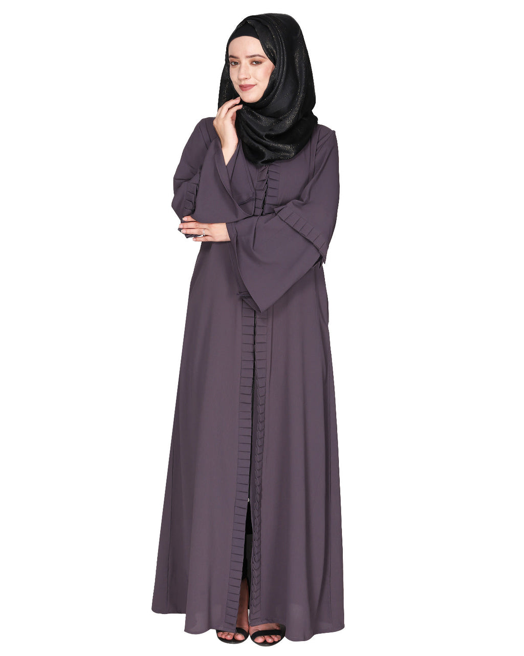 Modish pleated black abaya with conventional bell sleeves Dark Grey