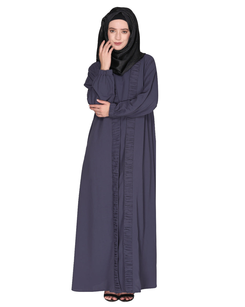 Modish pleated black abaya with conventional bell sleeves Dark Grey