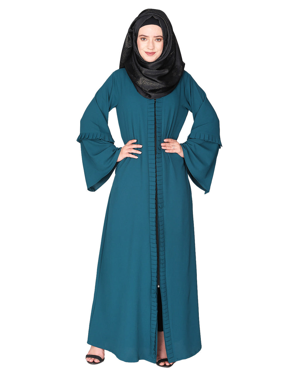 Modish pleated black abaya with conventional bell sleeves Green