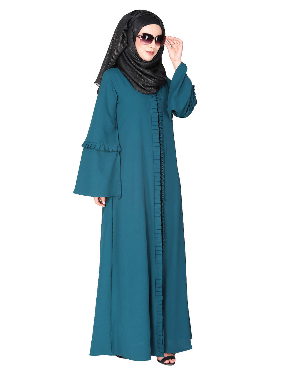 Modish pleated black abaya with conventional bell sleeves Green