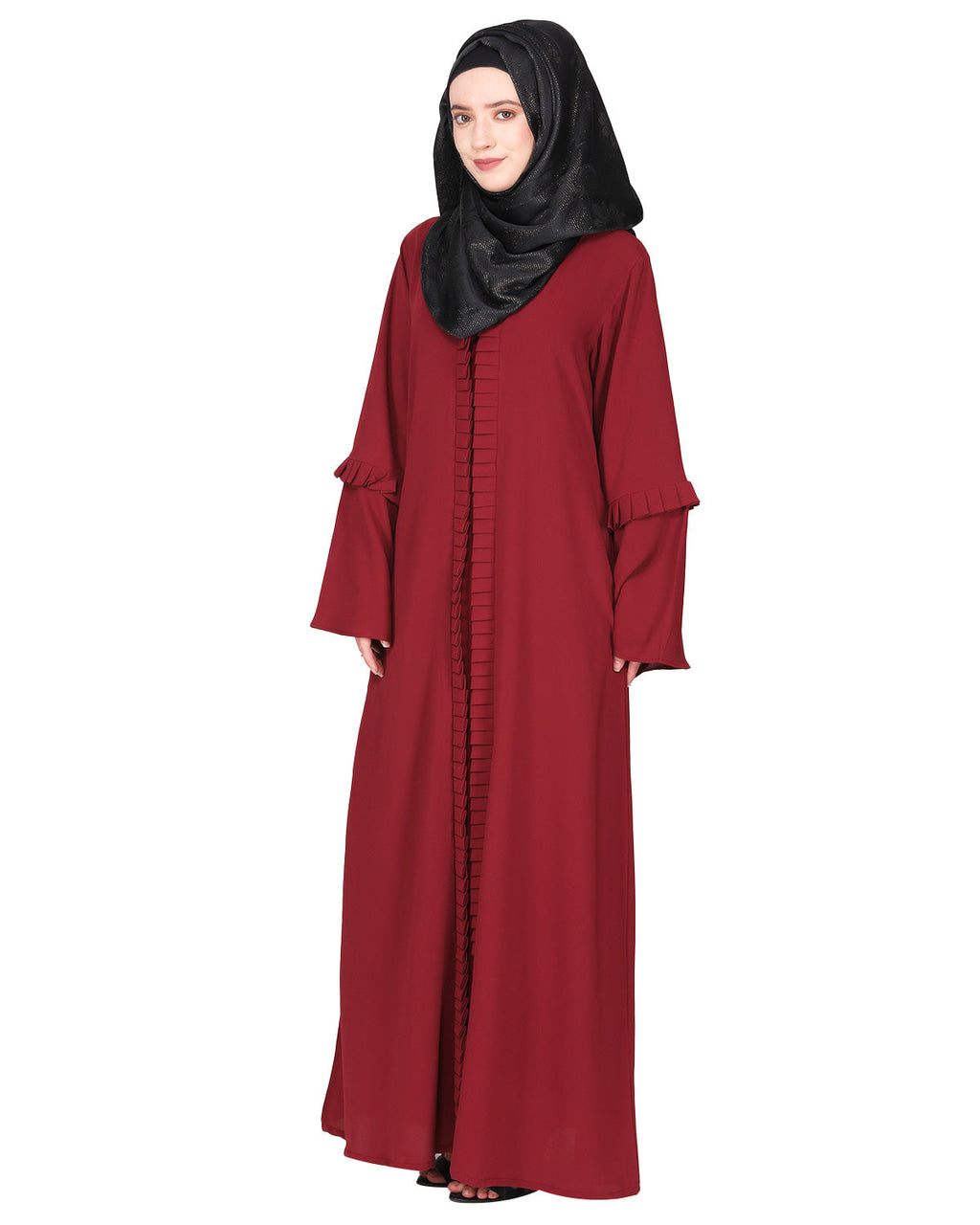 Modish pleated black abaya with conventional bell sleeves Maroon