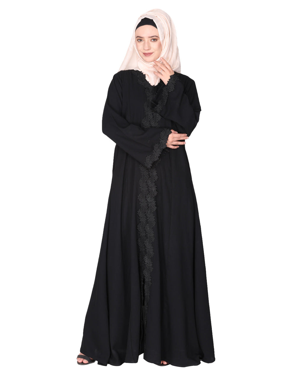 Sleek Princess cut Flamboyant laced Abaya Black