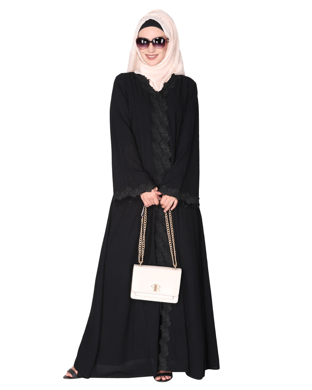 Sleek Princess cut Flamboyant laced Abaya Black