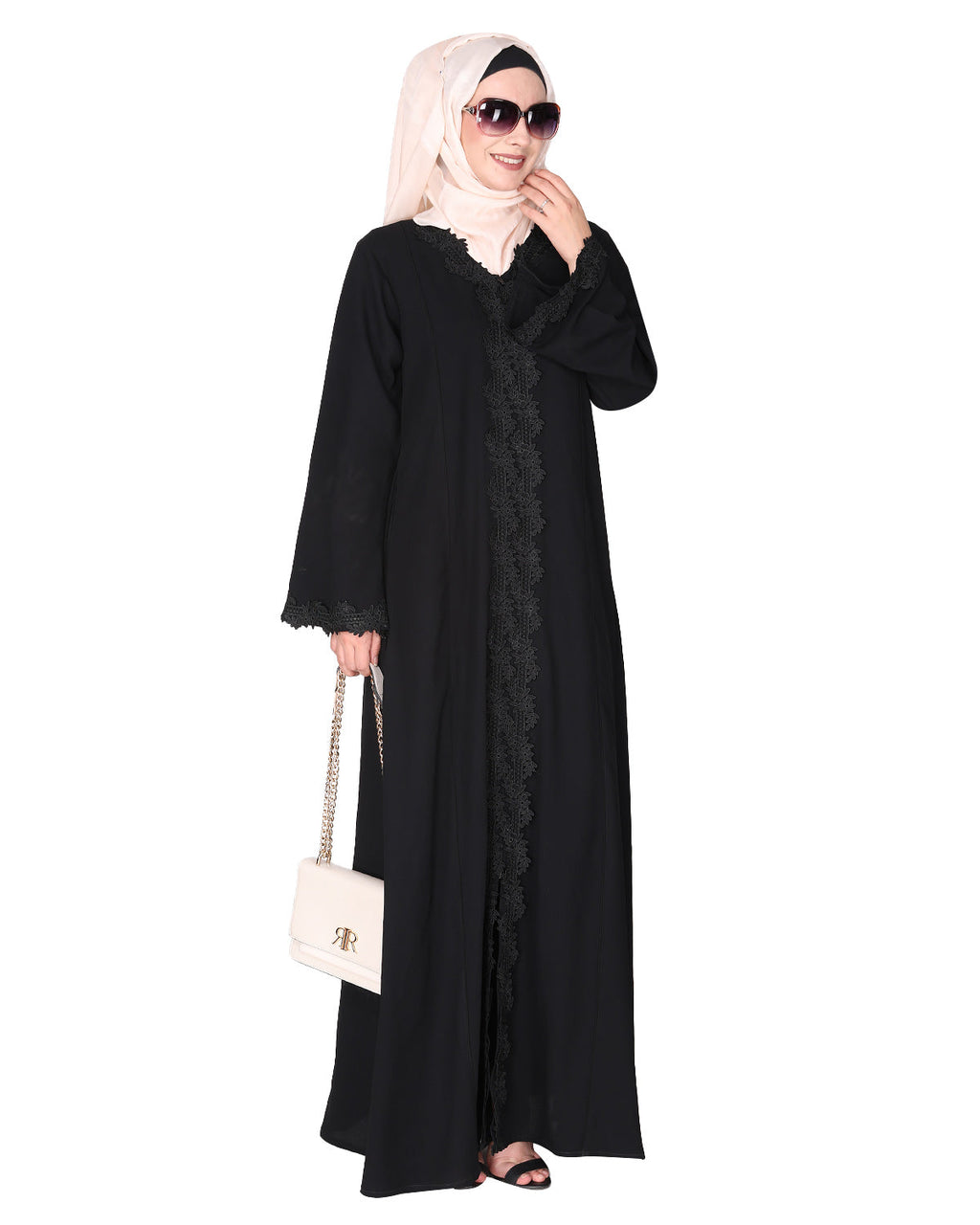 Sleek Princess cut Flamboyant laced Abaya Black